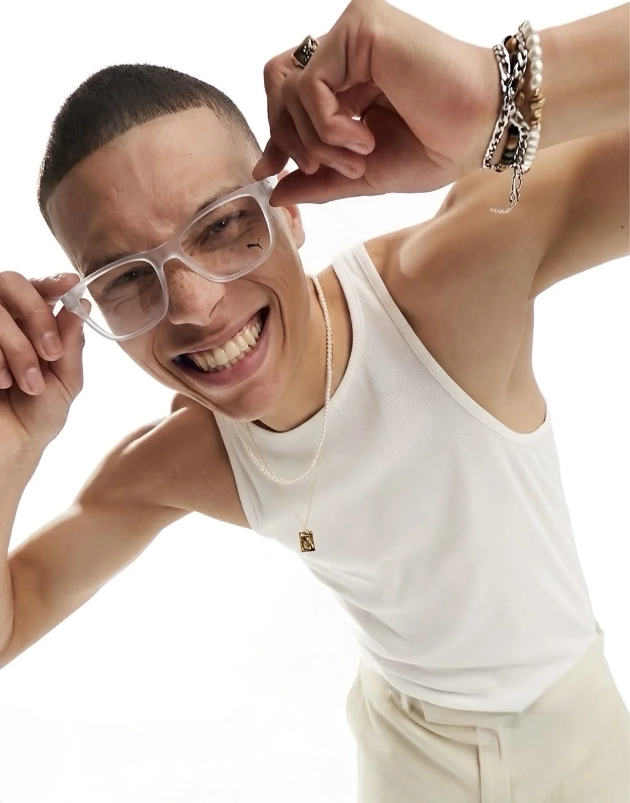 Model wearing Puma athletic eyewear