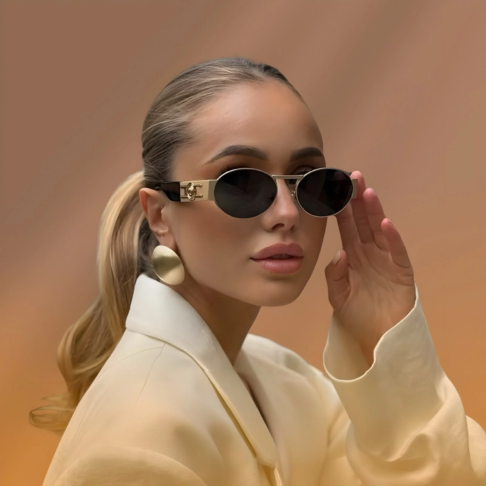 Model wearing Versace luxury sunglasses